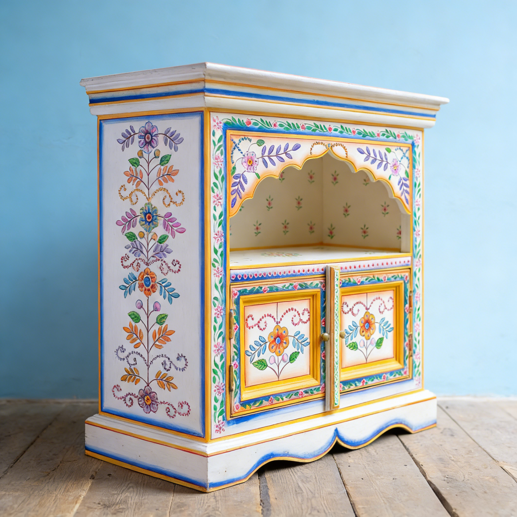 Indian Ethnic Hand-Painted Floral Wood Open Display Storage Locker