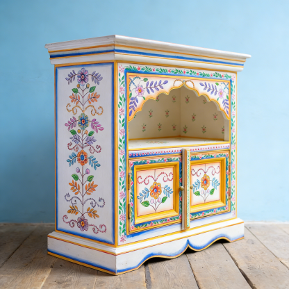 Indian Ethnic Hand-Painted Floral Wood Open Display Storage Locker