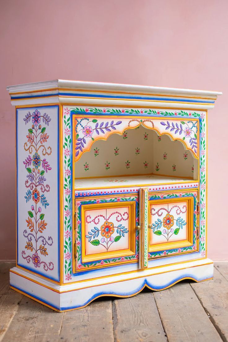 Indian Ethnic Hand-Painted Floral Wood Open Display Storage Locker