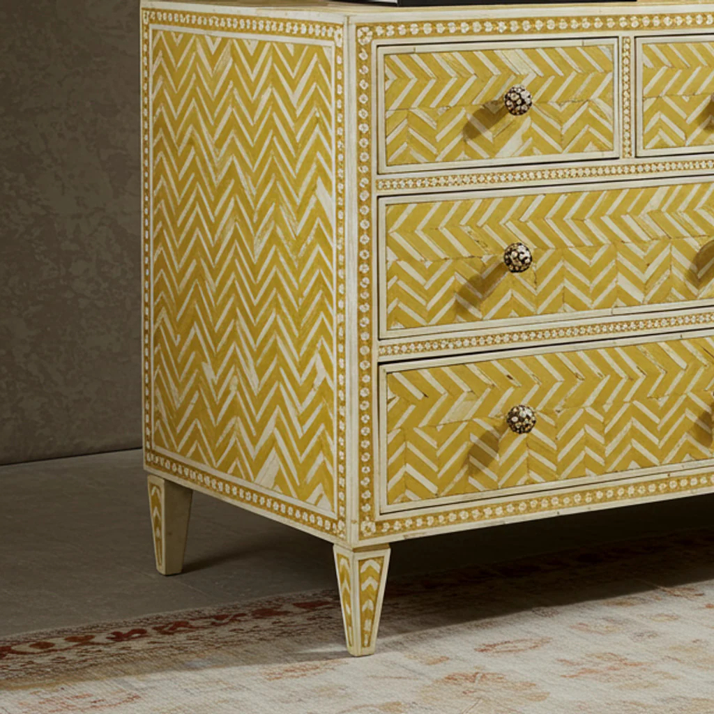 Yellow Patterned Wooden Dresser with Decorative Knobs | Luxury Handmade Chest of Drawer