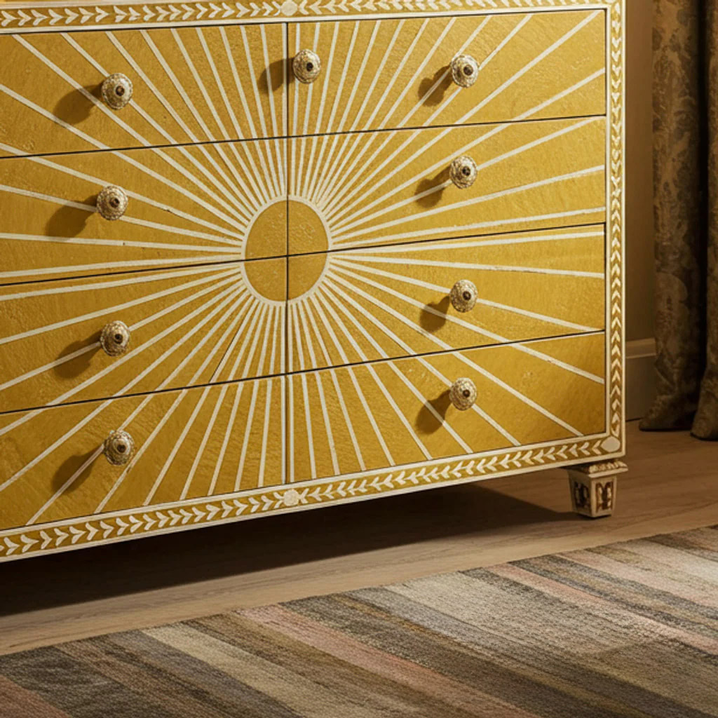 Vintage Yellow Sunburst Dresser Chest | Luxury Handmade Dresser