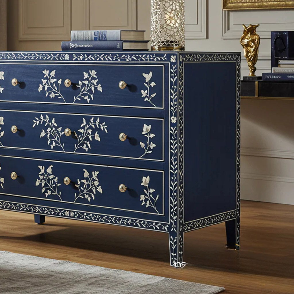 Navy Blue Floral Inlay Three-Drawer Dresser | Luxury Handmade Chest of Drawer