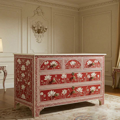 Red Floral Hand-Painted Wooden Dresser | Luxury Handmade Dresser