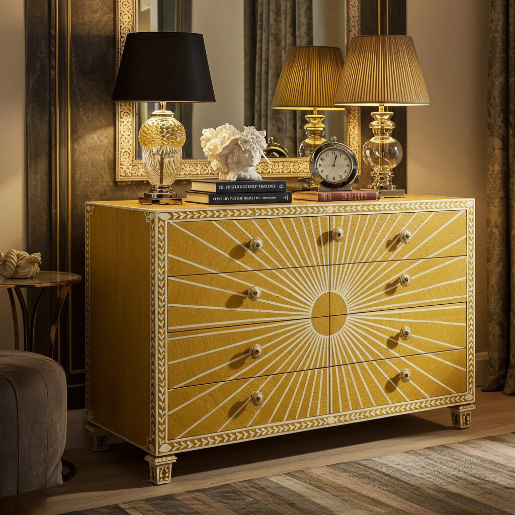 Vintage Yellow Sunburst Dresser Chest | Luxury Handmade Dresser