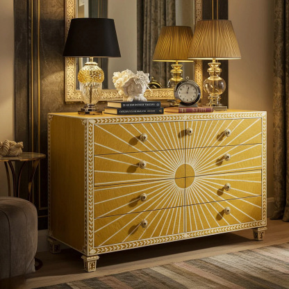 Vintage Yellow Sunburst Dresser Chest | Luxury Handmade Dresser