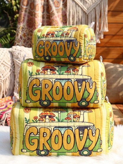 Hippie Groovy Flower Cotton Quilted Cosmetic Bag