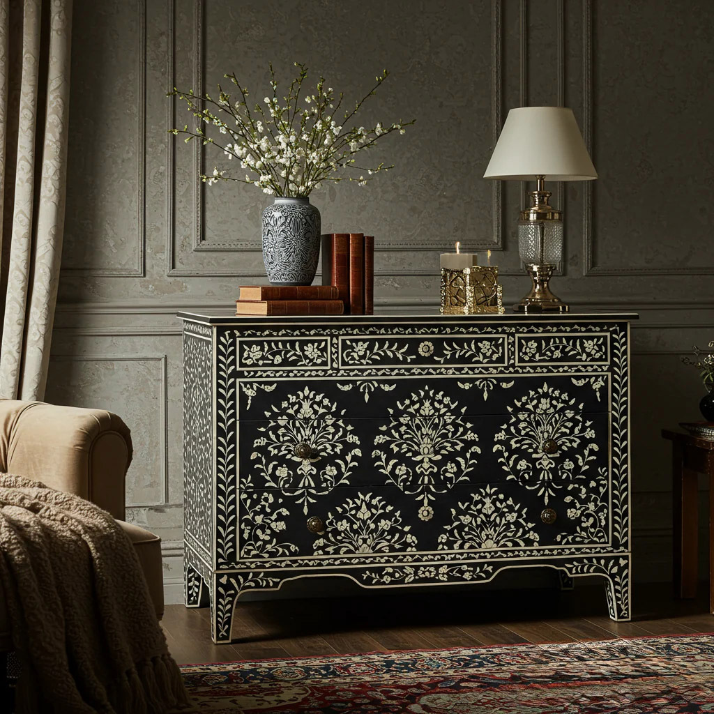 Handcrafted Black Bone Inlay Floral Dresser | Luxury Handmade Dresser