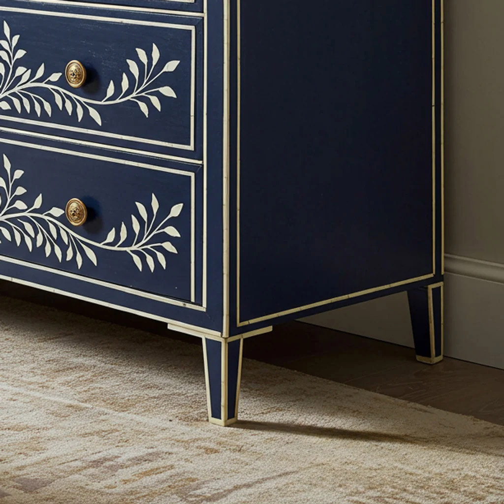 Navy Blue Floral Hand-Painted Three Drawer Dresser | Luxury Handmade Dresser