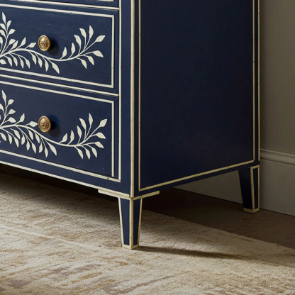 Navy Blue Floral Hand-Painted Three Drawer Dresser | Luxury Handmade Dresser
