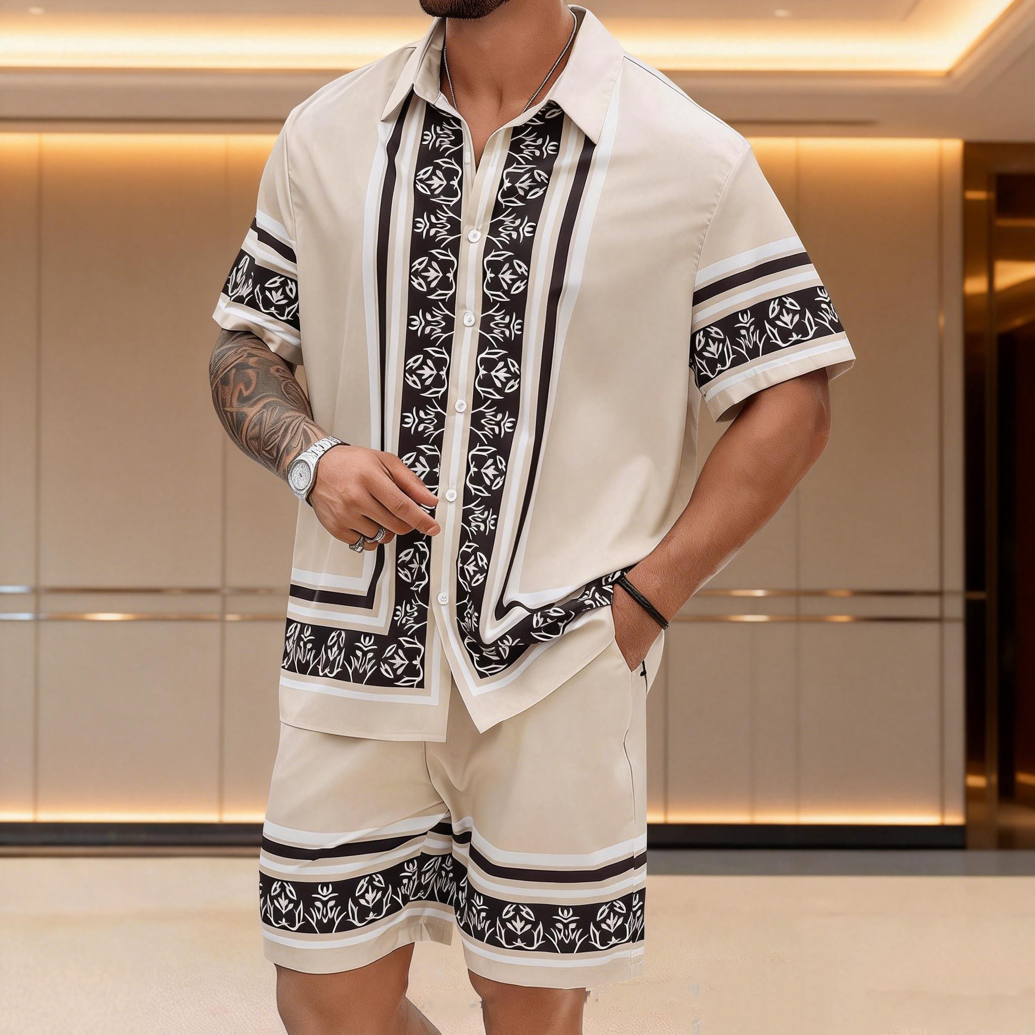 Men's Luxury Baroque Floral Shirt and Shorts Two-Piece Set