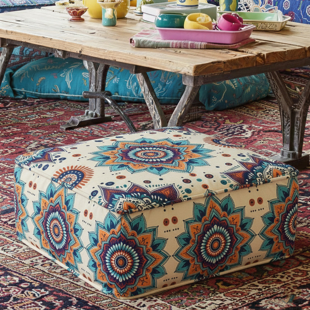 Bohemian Mandala Print Square Floor Pouf Padded Cotton Cushion