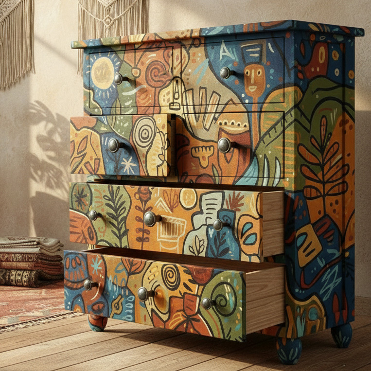Abstract Expressionist Colorful Graffiti Patterned Wooden Art Storage Locker