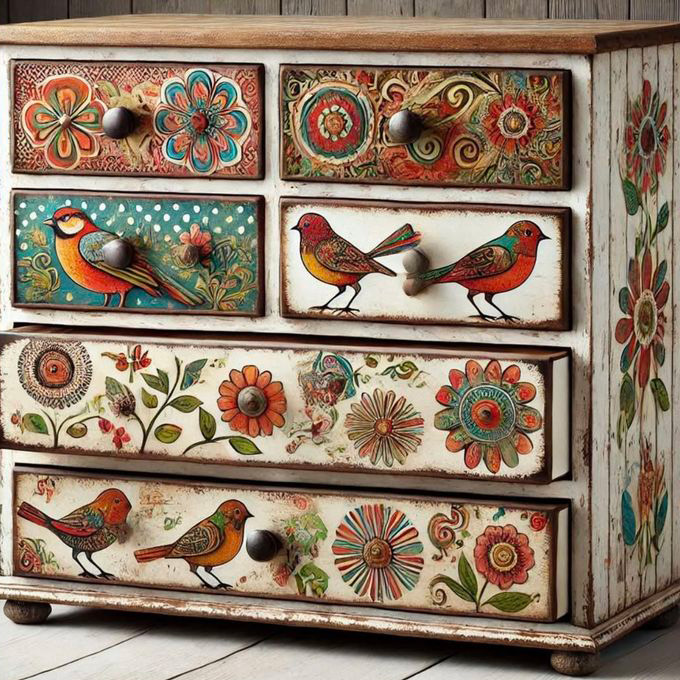 Cottagecore Hand-Painted Floral Bird Pattern Distressed Wood Storage Locker