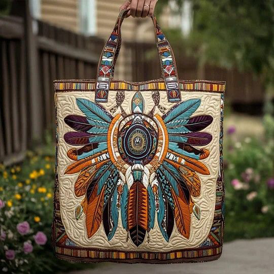 Tribal Native Inspired Headdress Feather Pattern Quilted Canvas Tote Bag