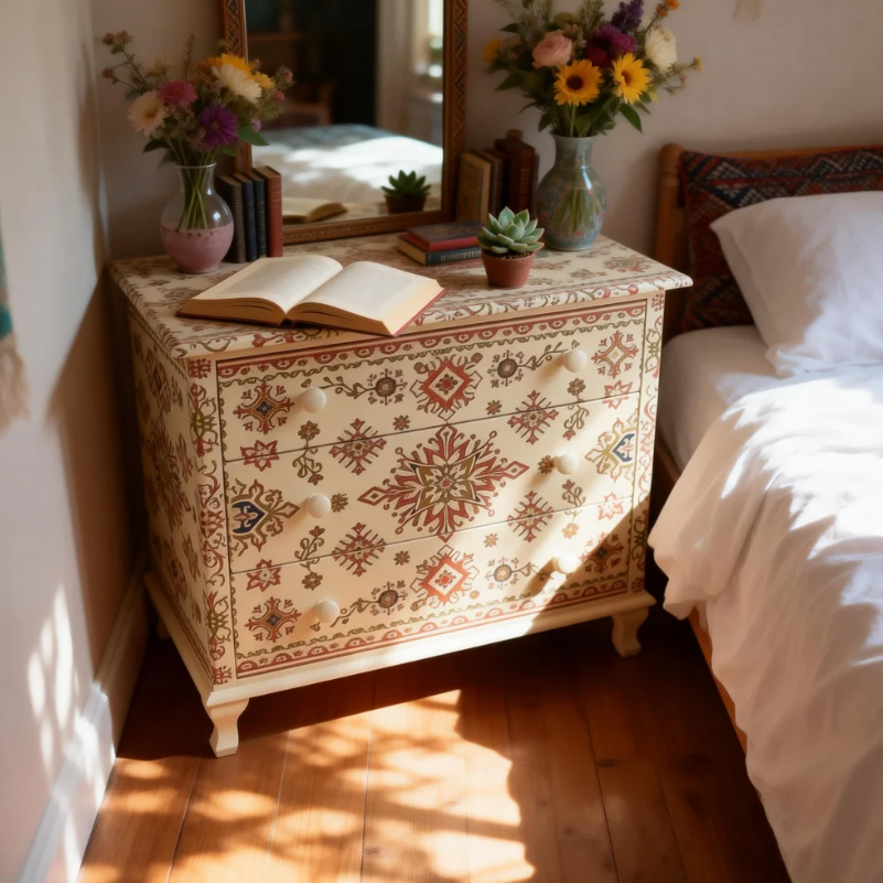 Bohemian Floral Hand-Painted Cream Wood Three Drawer Storage Locker
