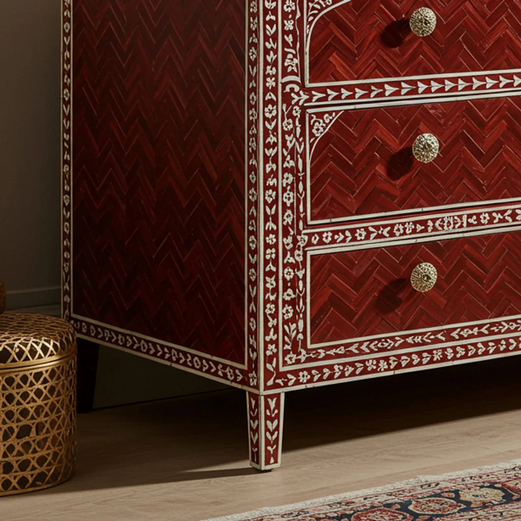 Red Inlaid Wooden Chest of Drawers with Floral Motifs | Luxury Handmade Dresser