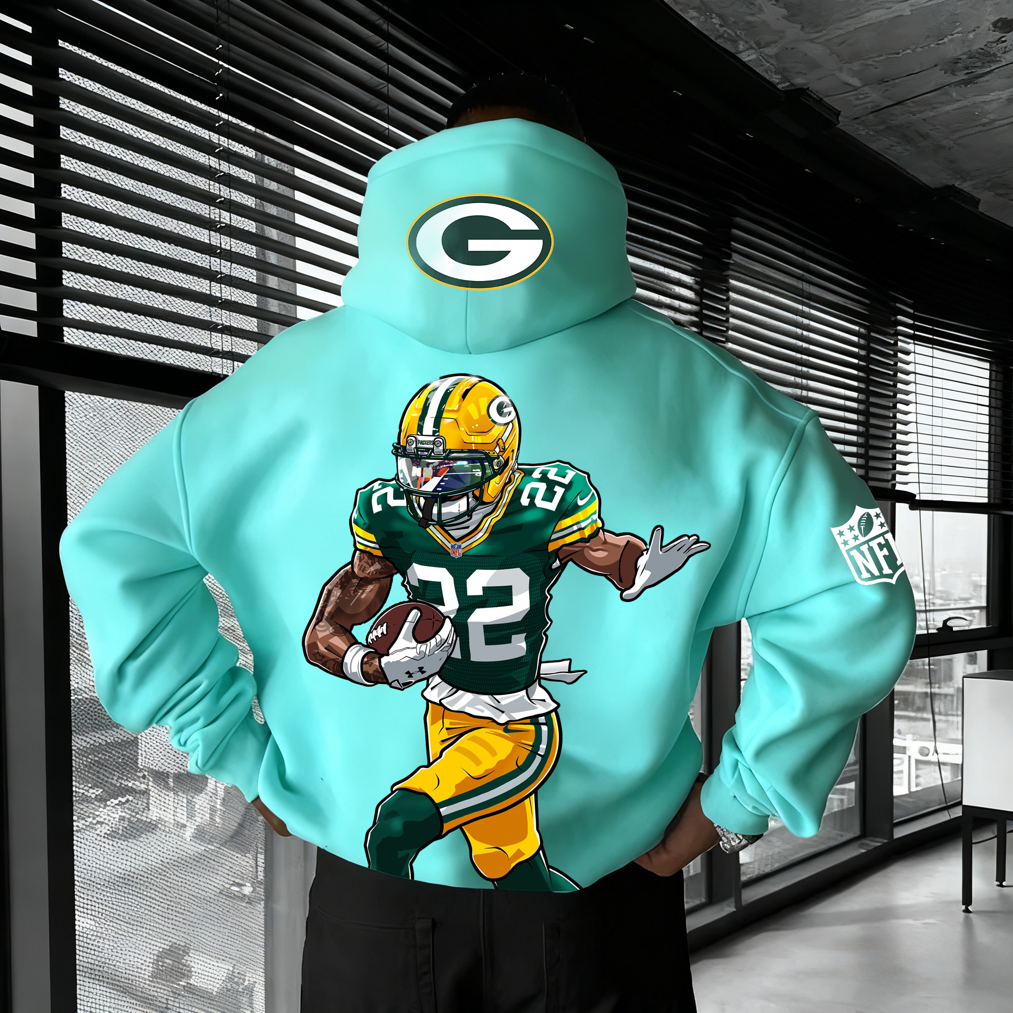 Cartoon Packers Running Back Action Mint Hoodie