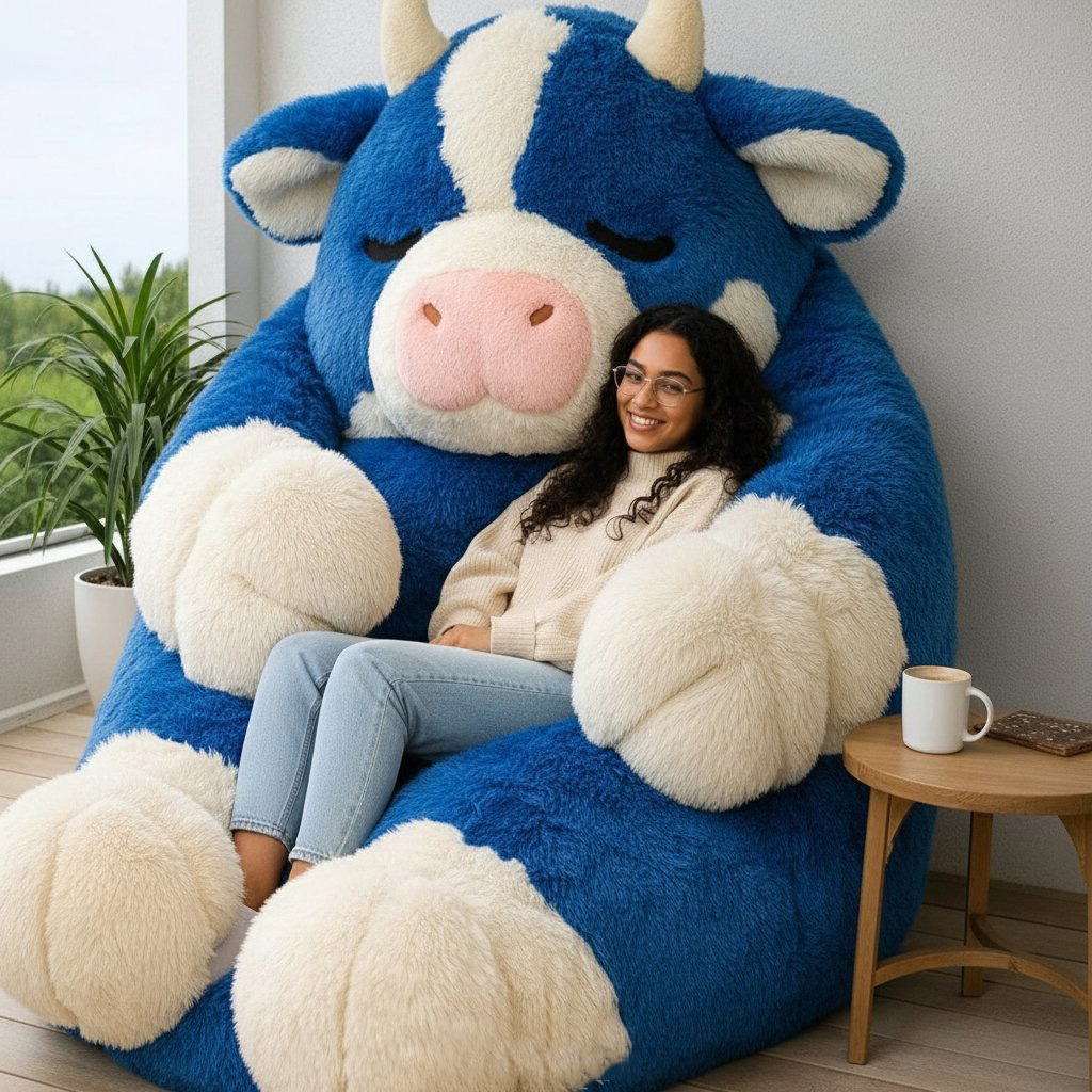 Giant Blue and White Cow Plush Bean Bag