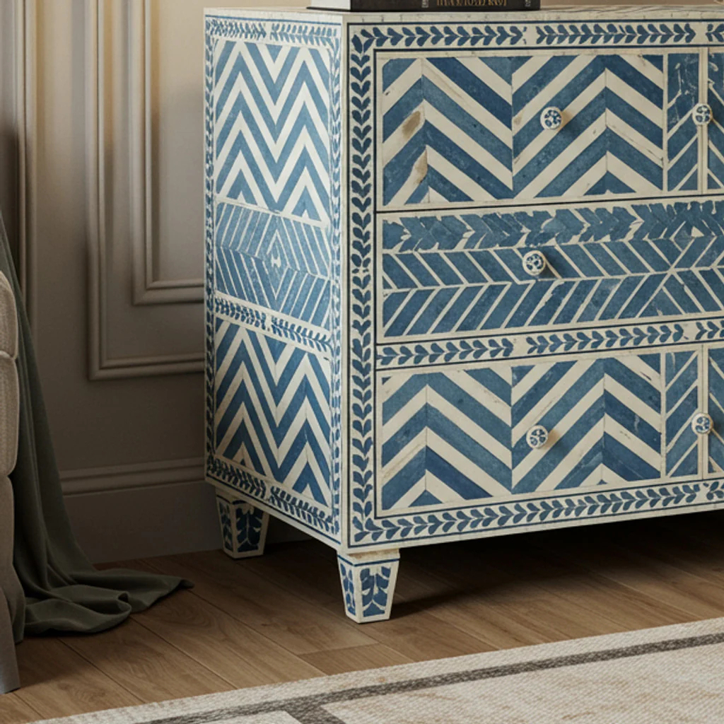Hand-Painted Blue and White Patterned Chest of Drawers | Luxury Handmade Dresser