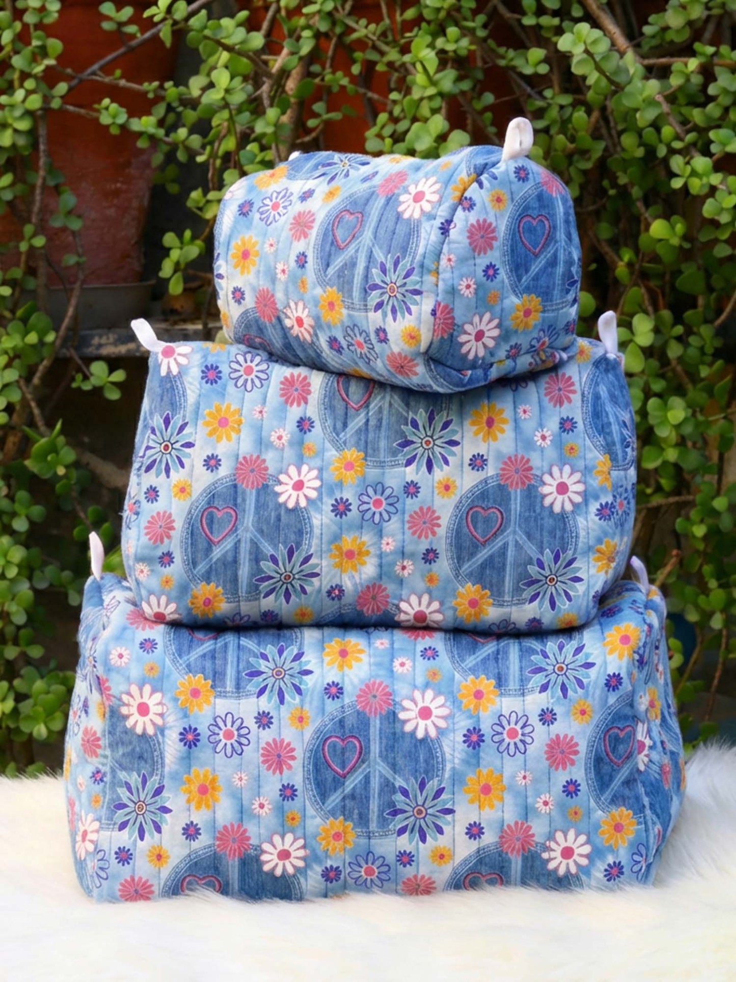 Hippie Peace And Flower Cotton Quilted Cosmetic Bag