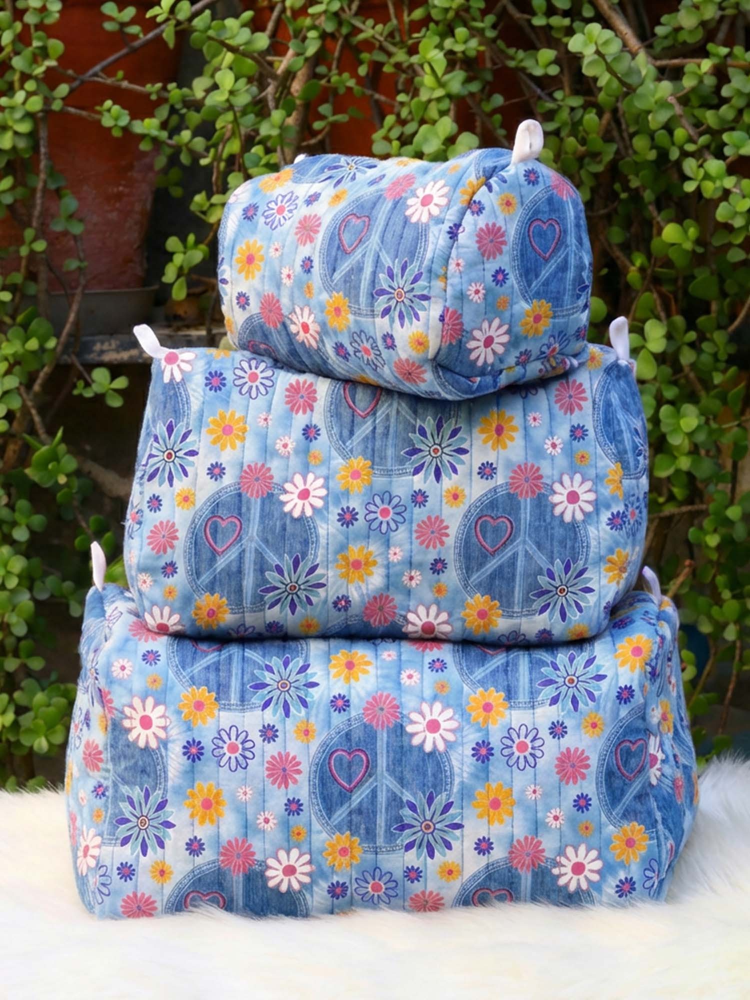 Hippie Peace And Flower Cotton Quilted Cosmetic Bag