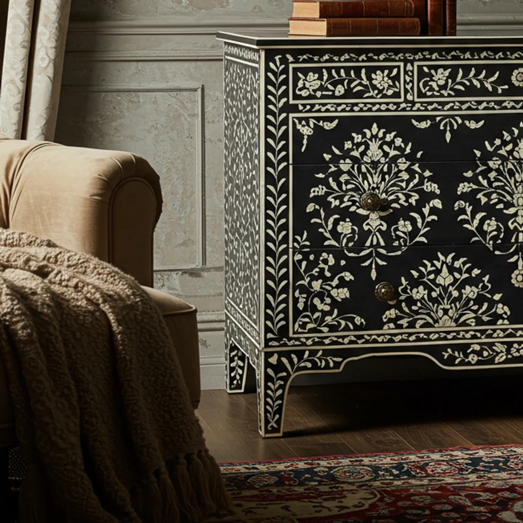 Handcrafted Black Bone Inlay Floral Dresser | Luxury Handmade Dresser