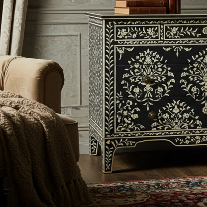 Handcrafted Black Bone Inlay Floral Dresser | Luxury Handmade Dresser