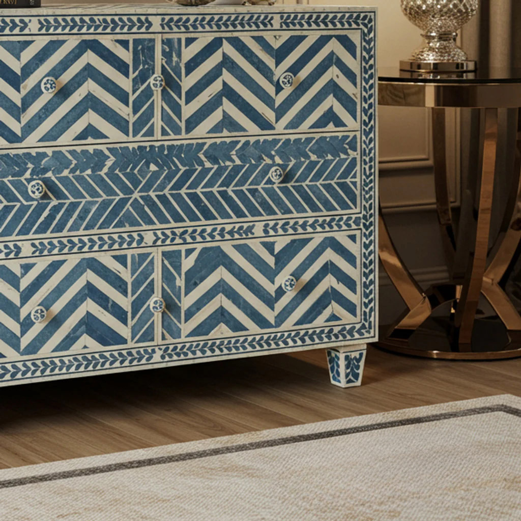 Hand-Painted Blue and White Patterned Chest of Drawers | Luxury Handmade Dresser
