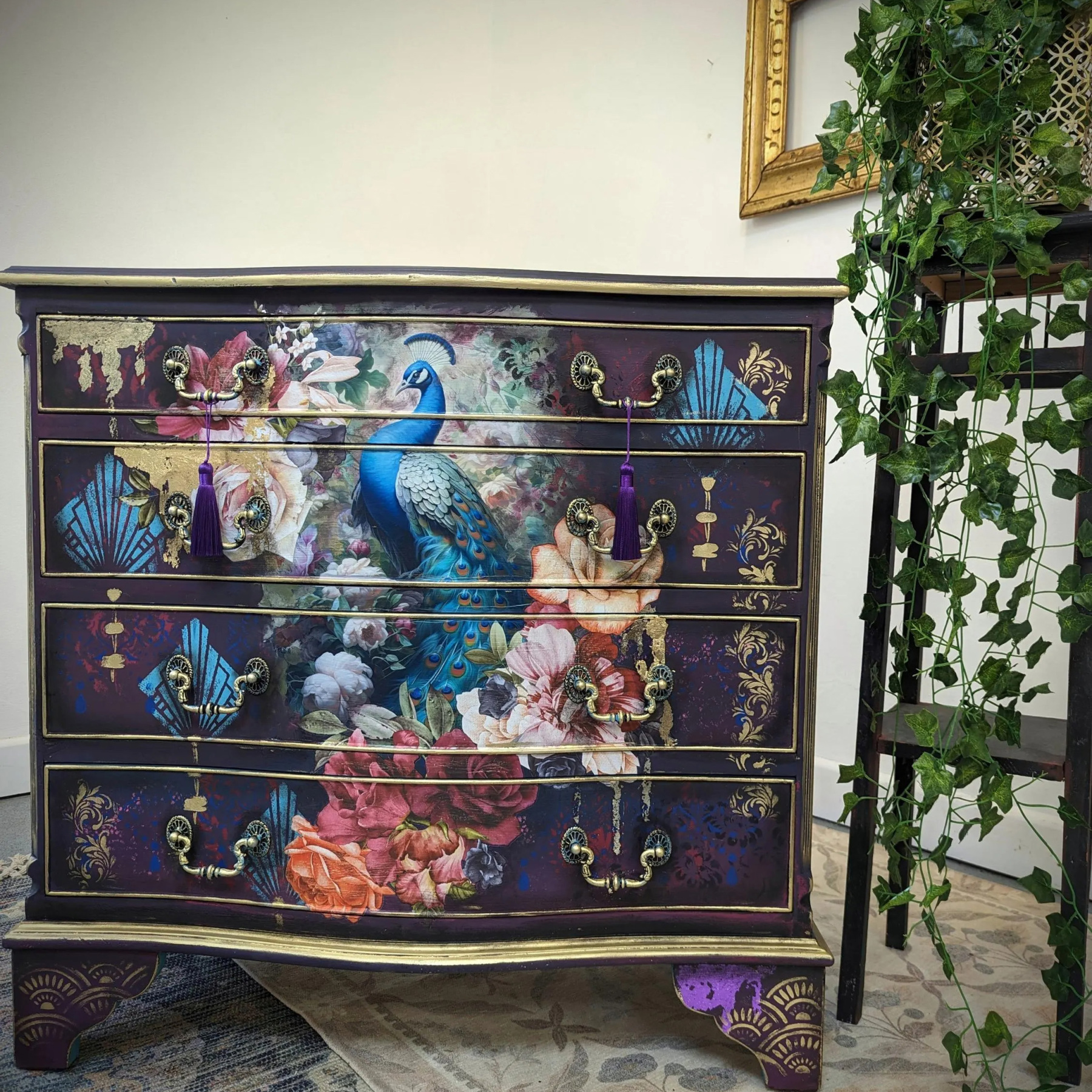 Maximalist Bohemian Peacock Floral Art Hand Painted Storage Locker