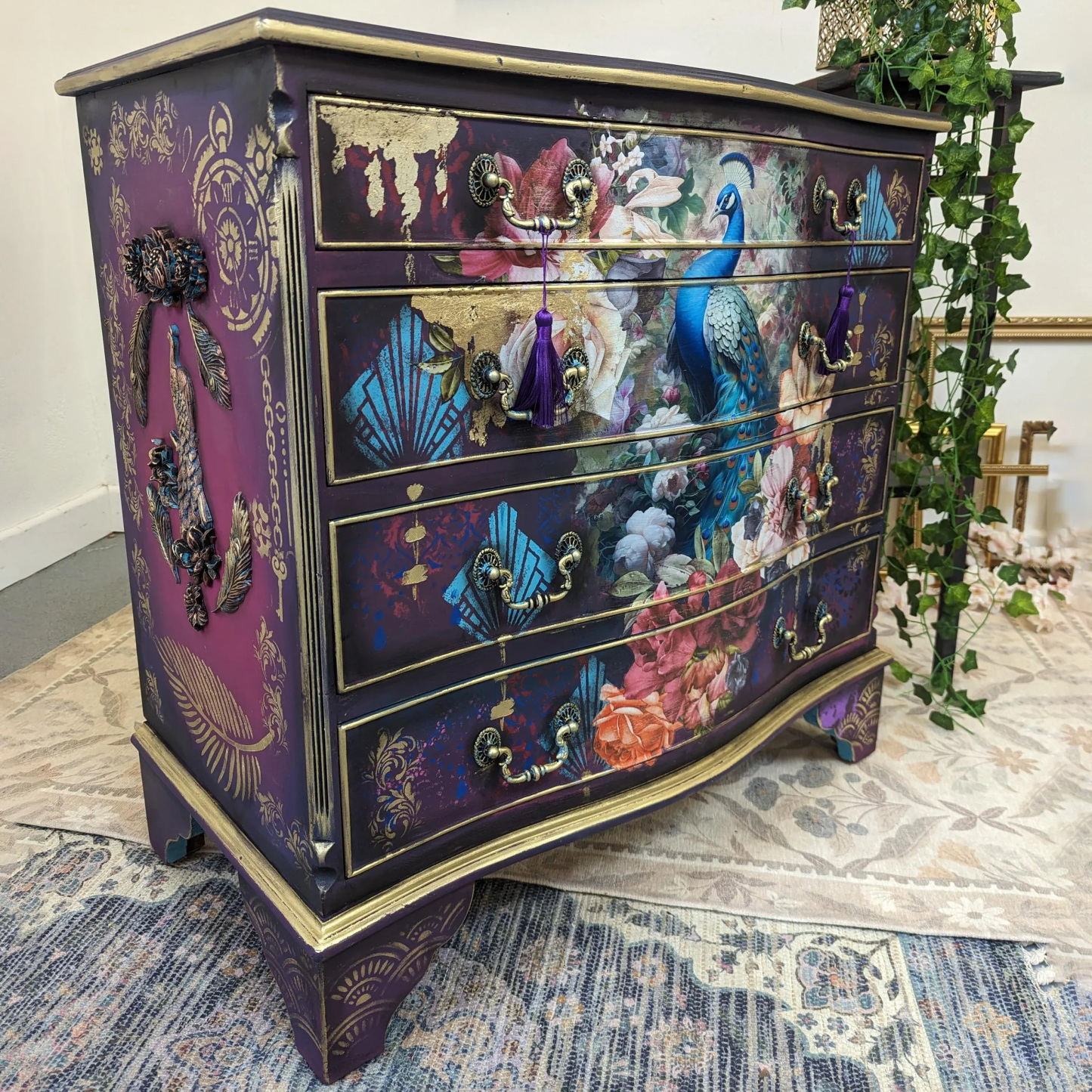 Maximalist Bohemian Peacock Floral Art Hand Painted Storage Locker