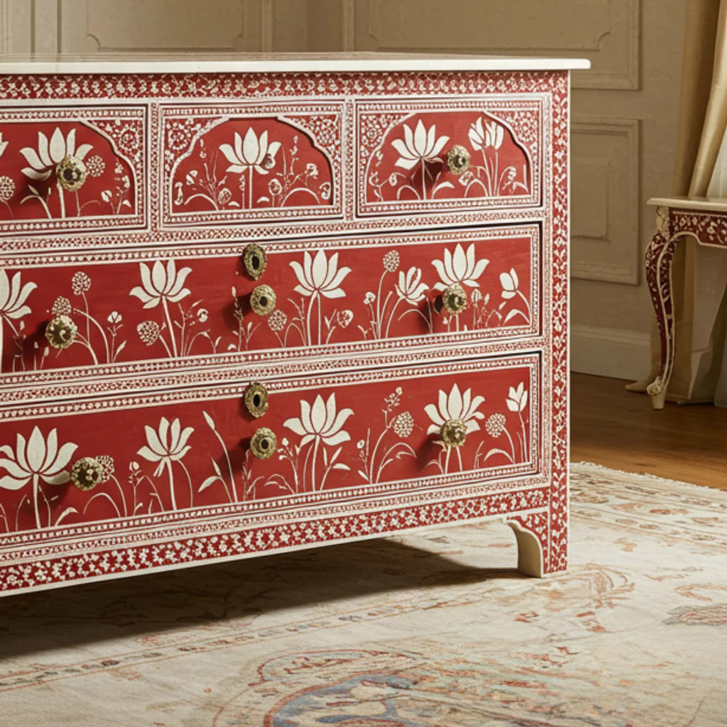 Red Floral Hand-Painted Wooden Dresser | Luxury Handmade Dresser