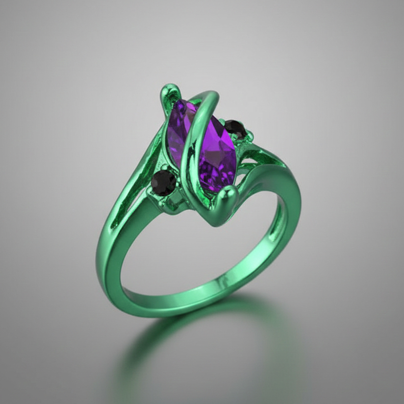 Modern Abstract Swirl Green Metal Purple Gemstone Ring
