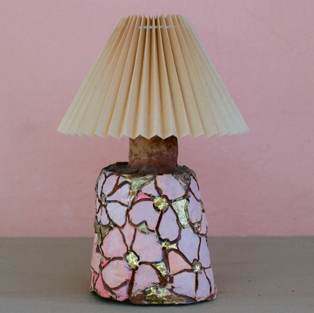Handcrafted Wabi-sabi Pink Floral Ceramic Base Pleated Shade Desk Lamp