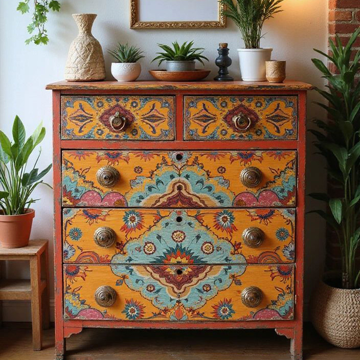 Bohemian Hand-Painted Floral Pattern Wooden Storage Locker