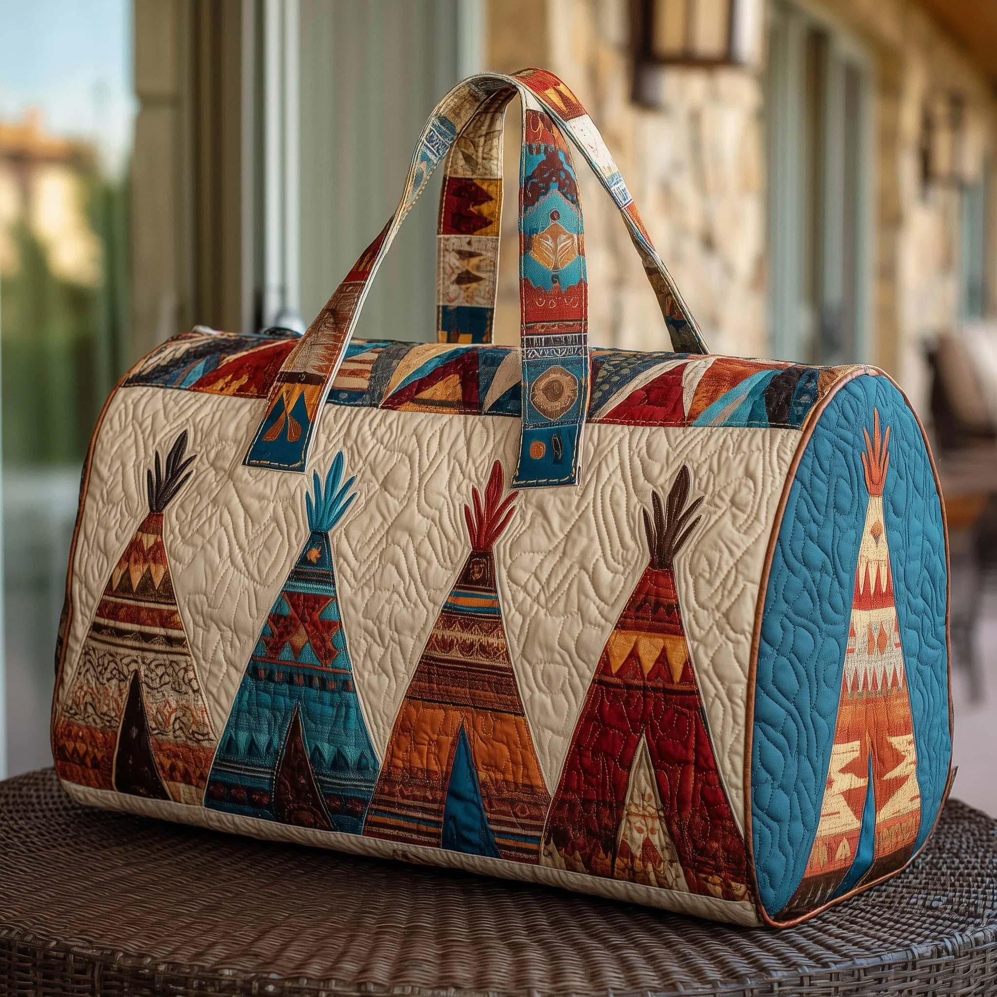 Ethnics Inspired Handmade Quilted Weekender Bag with Tipis Art