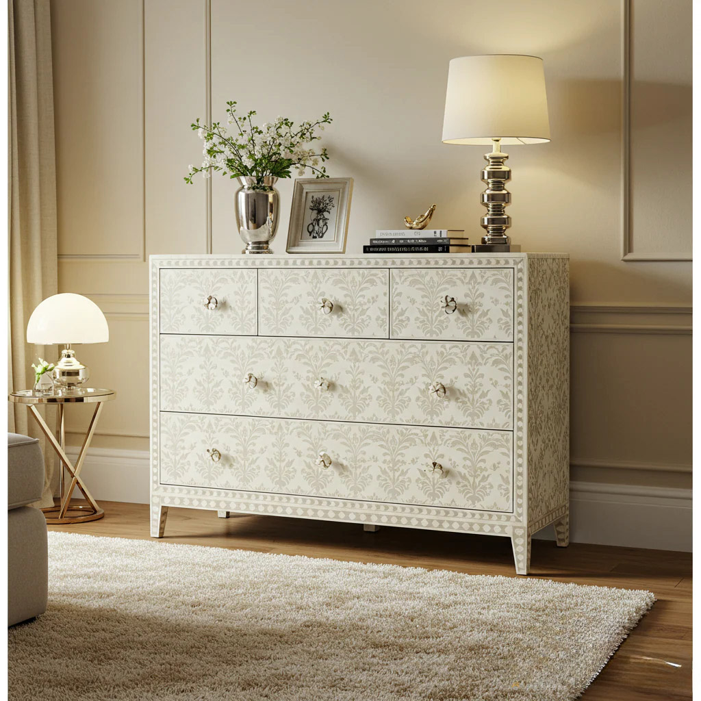Elegant White Patterned Dresser with Brass Knobs | Luxury Handmade Dresser