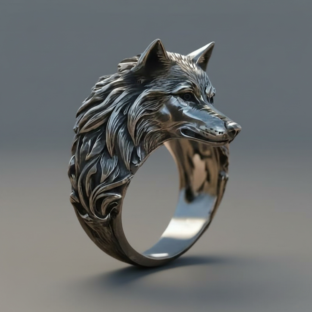 Wild Nordic Viking Wolf Head Carved Statement Ring