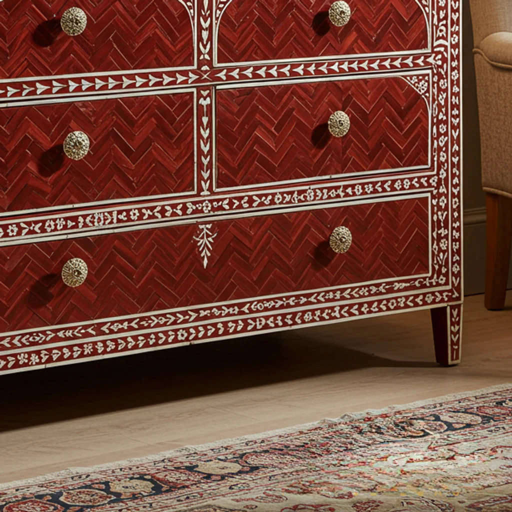 Red Inlaid Wooden Chest of Drawers with Floral Motifs | Luxury Handmade Dresser