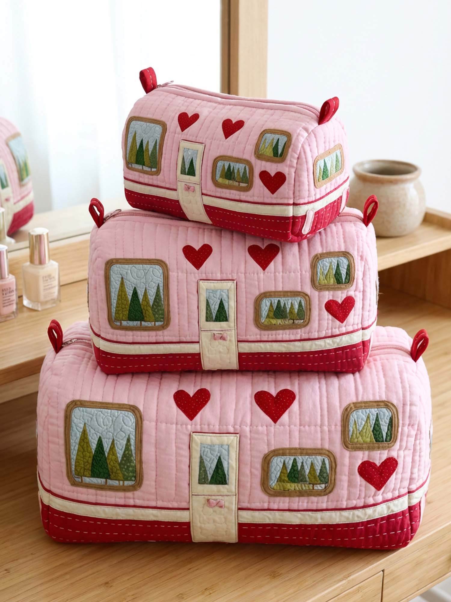 Camping Trailer Cotton Quilted Cosmetic Bag