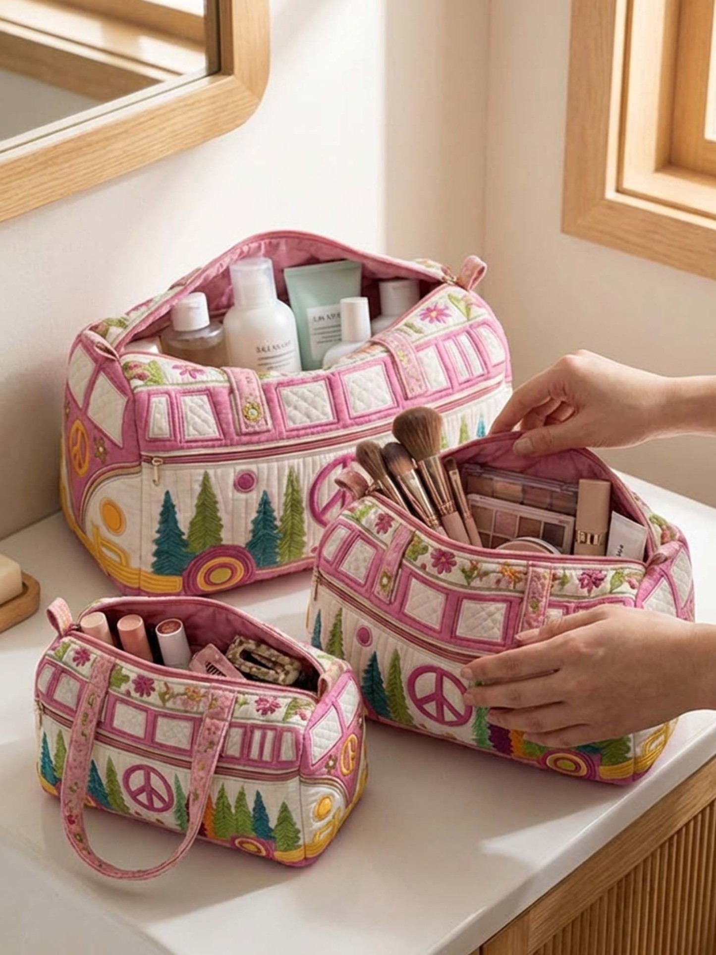 Hippie Van Flower Cotton Quilted Cosmetic Bag