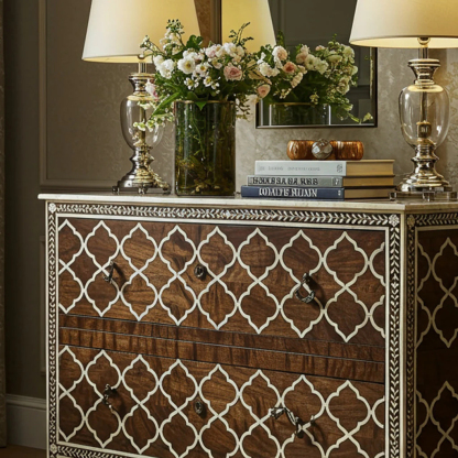 Moroccan-Inspired Wooden Chest of Drawers with Inlay Design | Luxury Handmade Dresser
