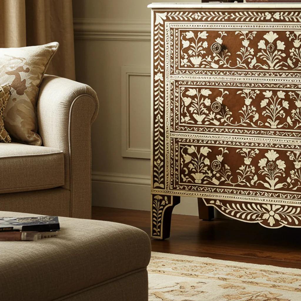 Handcrafted Floral Inlaid Wooden Chest of Drawers | Luxury Handmade Dresser