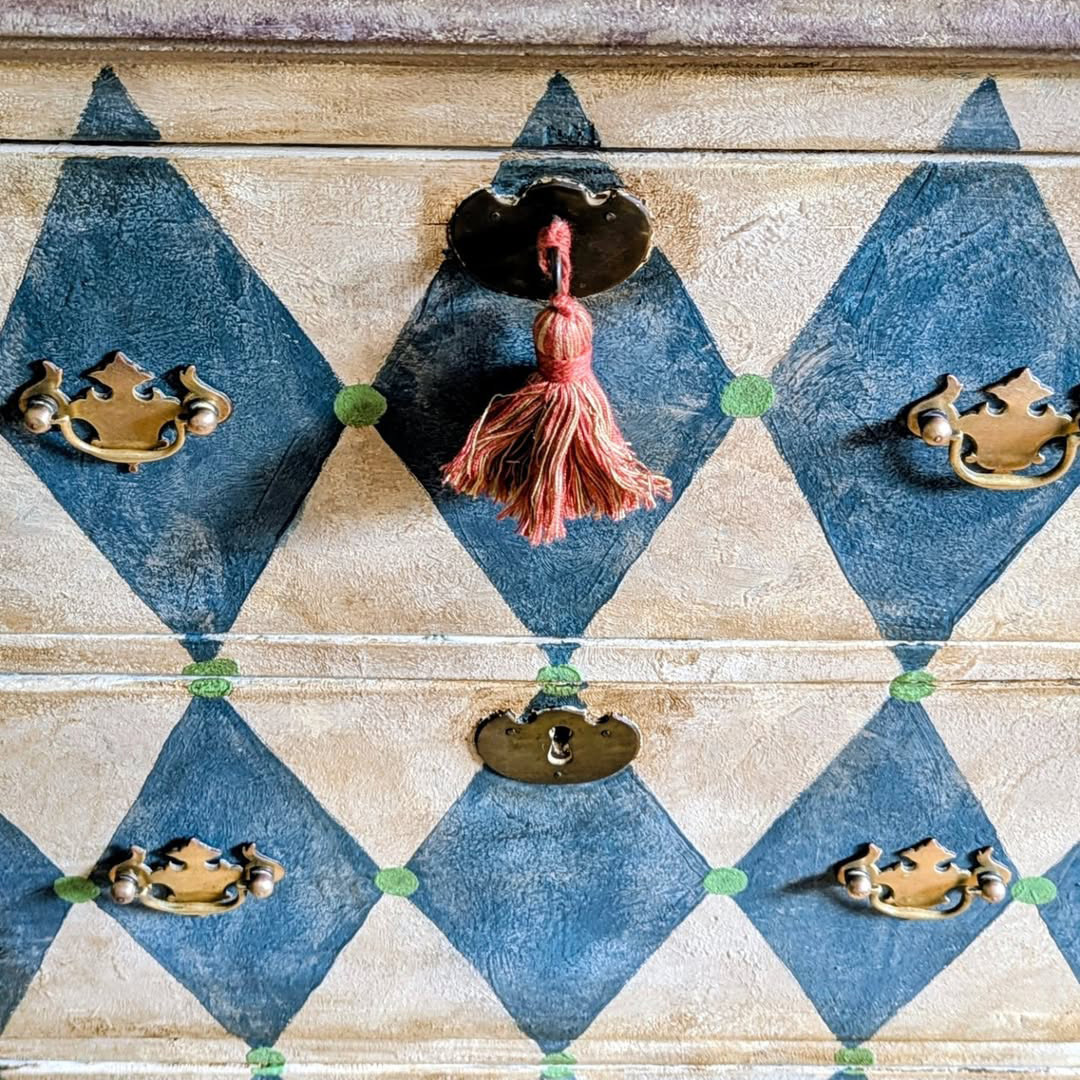 Gustavian Blue Harlequin Pattern Hand Painted Vintage Tall Locker