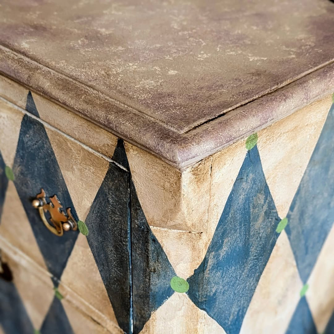 Gustavian Blue Harlequin Pattern Hand Painted Vintage Tall Locker