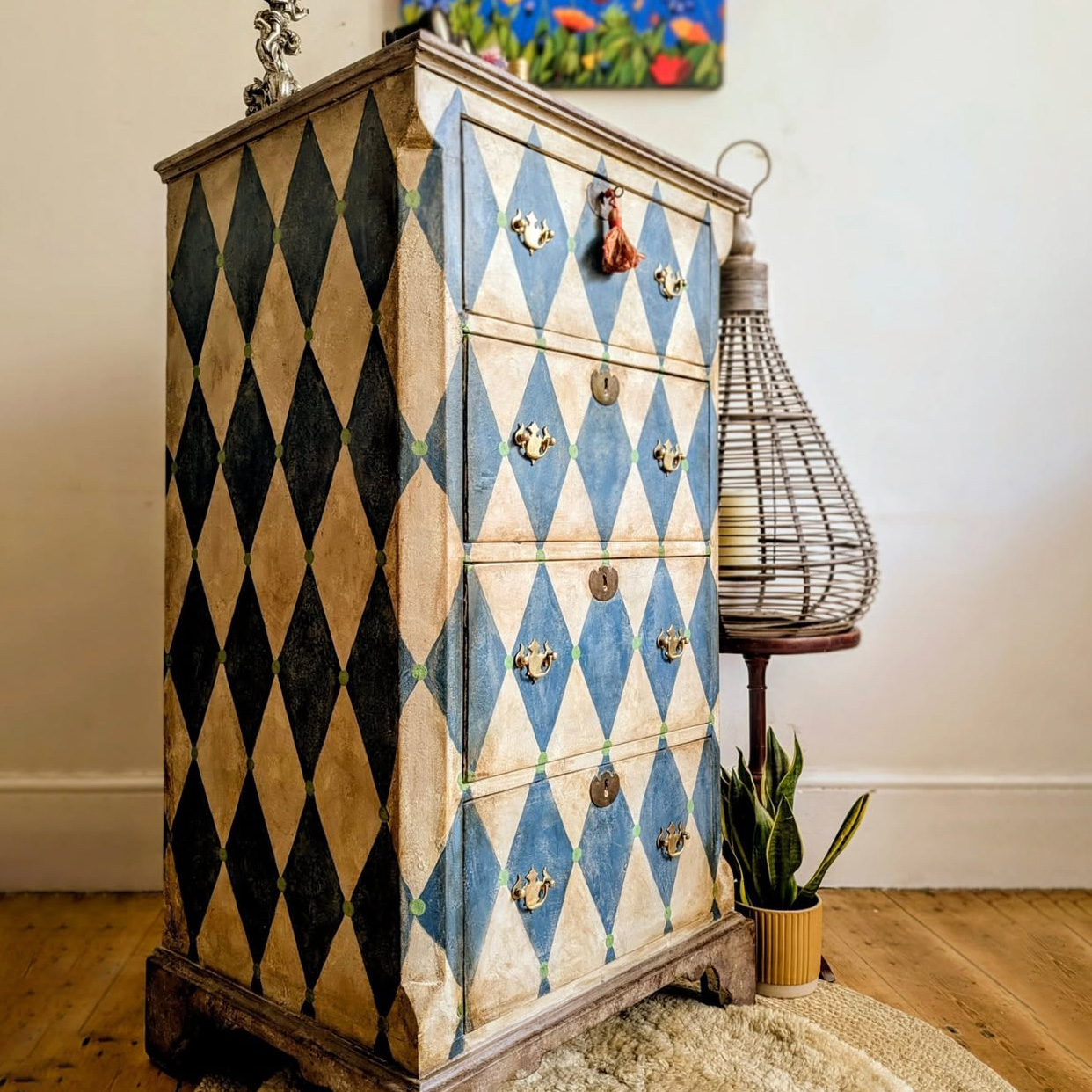 Gustavian Blue Harlequin Pattern Hand Painted Vintage Tall Locker