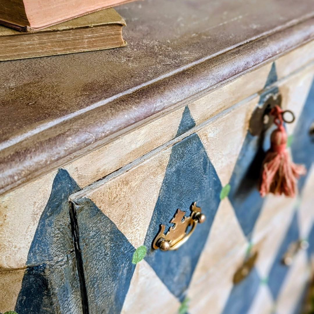 Gustavian Blue Harlequin Pattern Hand Painted Vintage Tall Locker