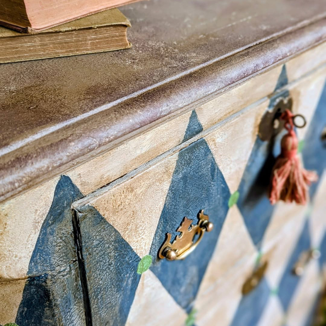 Gustavian Blue Harlequin Pattern Hand Painted Vintage Tall Locker