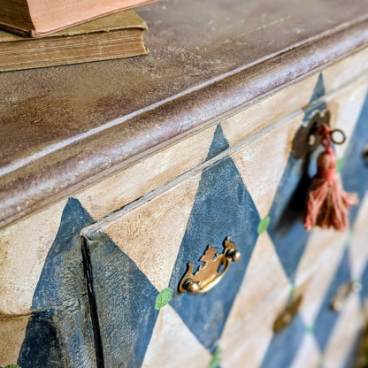 Gustavian Blue Harlequin Pattern Hand Painted Vintage Tall Locker