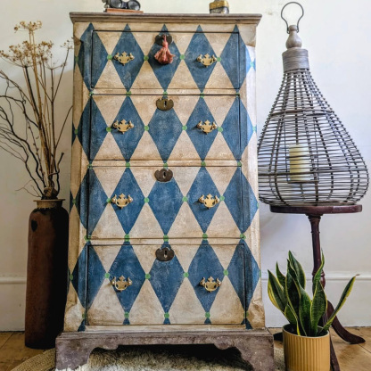 Gustavian Blue Harlequin Pattern Hand Painted Vintage Tall Locker