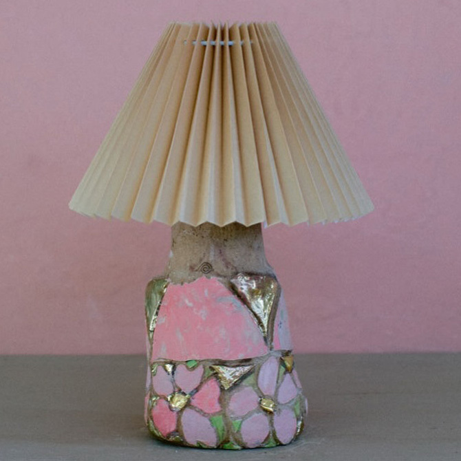 Artistic Abstract Patchwork Pink Floral Ceramic Base Pleated Table Lamp